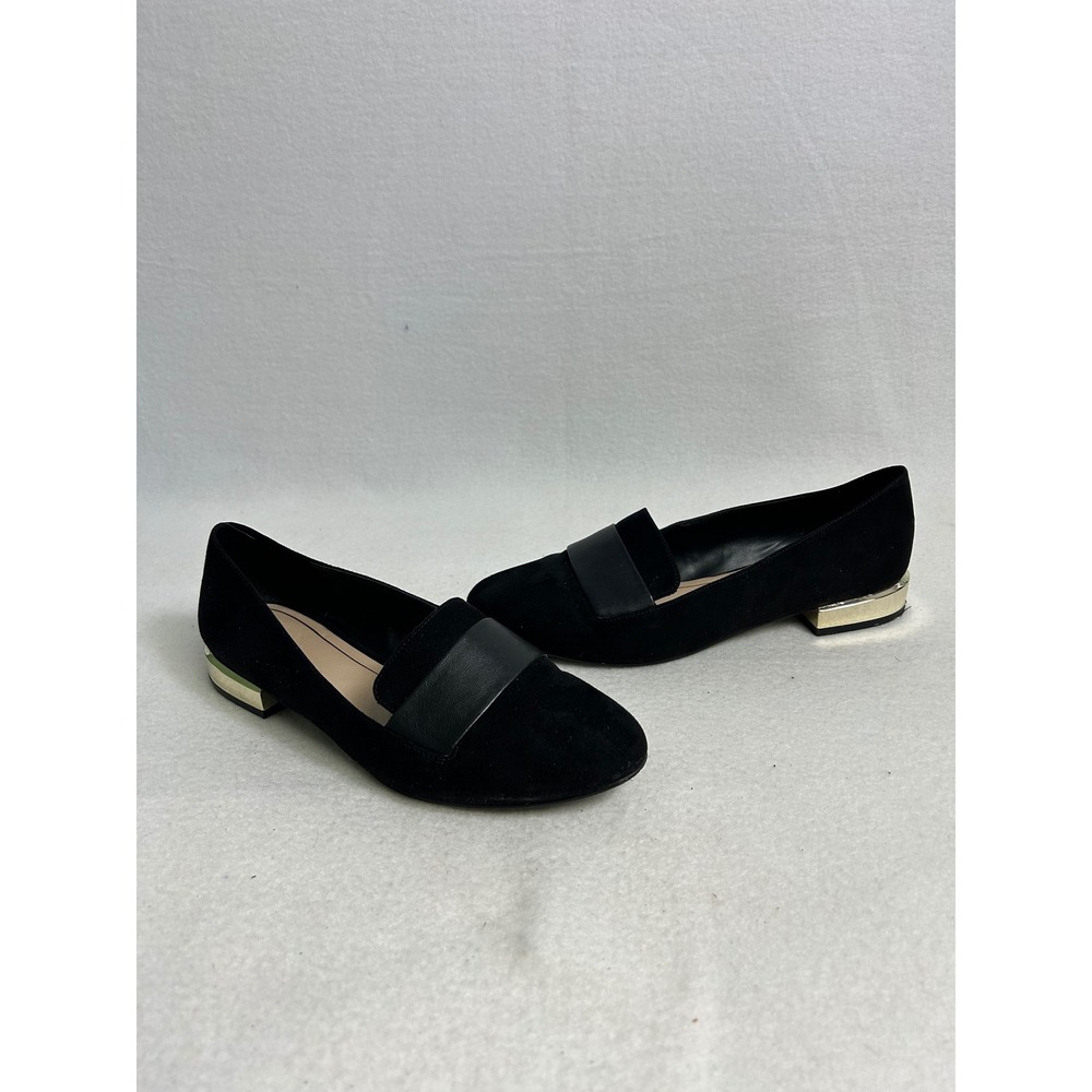 Corporate Chic Aldo Womens 8 Black Suede Gold Metallic Heel Pointed Toe Loafers